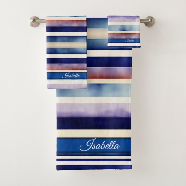 Popular Summer Navy Blue Boat Stripes Collection Bath Towel Set (Insitu)