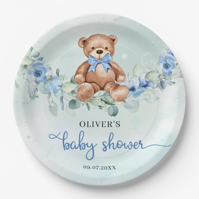 Popular teddy bear dusty blue floral eucalyptus paper plates (Front)