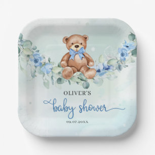 Popular teddy bear dusty blue floral eucalyptus paper plates