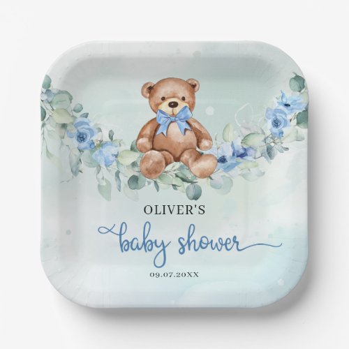 Popular teddy bear dusty blue floral eucalyptus paper plates