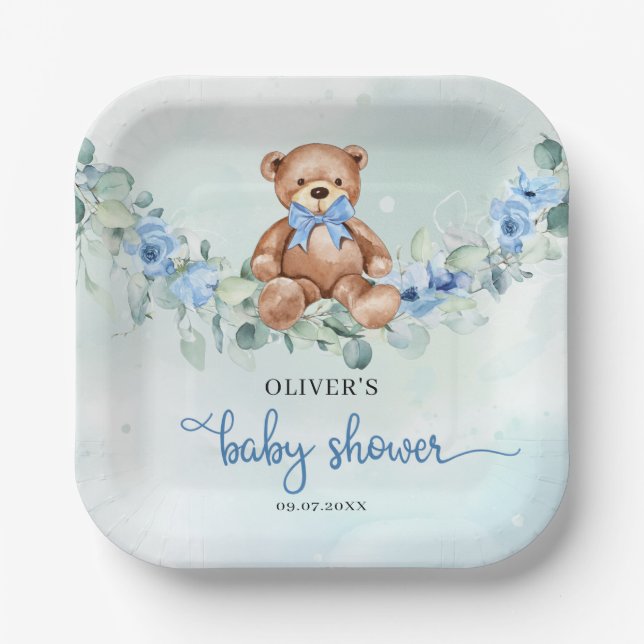 Popular teddy bear dusty blue floral eucalyptus paper plates (Front)