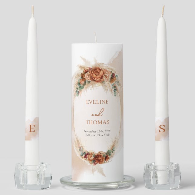 Popular terracotta deep red floral eucalyptus arch unity candle set (Front)