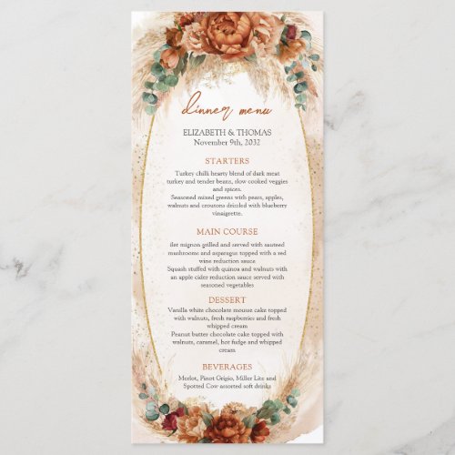 Popular terracotta deep red floral eucalyptus boho menu