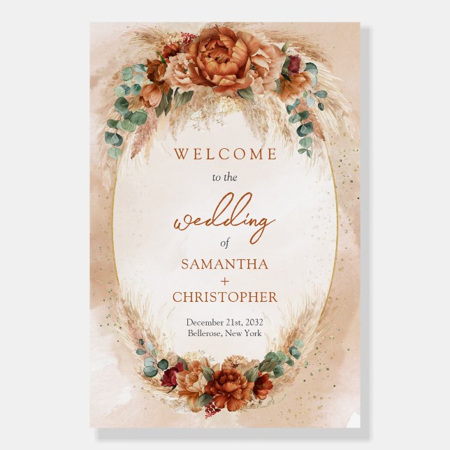 Popular terracotta deep red floral pampas welcome foam board (Front)