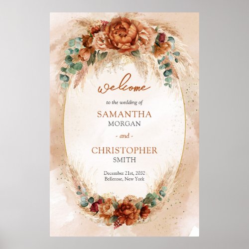 Popular terracotta deep red floral sage Welcome Poster