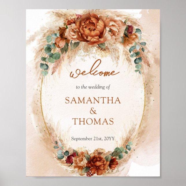 Popular terracotta deep red floral wedding welcome poster (Front)