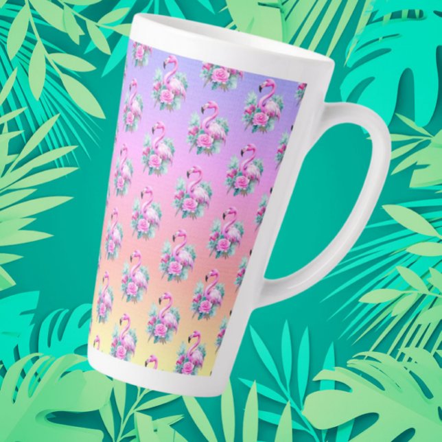 Popular Tropical Sunset Pink Flamingo  Latte Mug (Tropical sunset flamingo large latte mug)