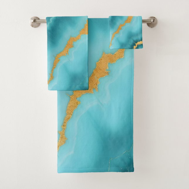 Popular Turquoise Blue Gold Marble Collection Bath Towel Set (Insitu)