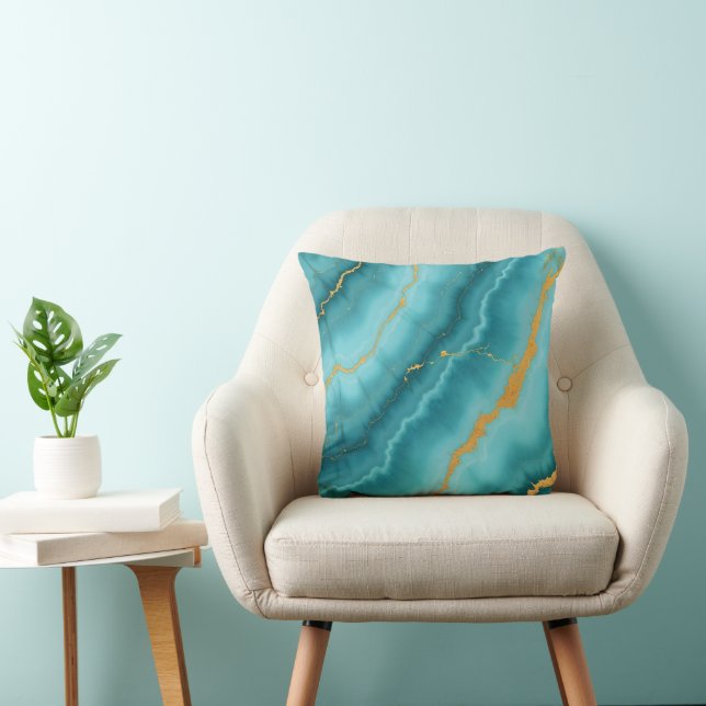 Popular Turquoise Blue Gold Marble Collection Throw Pillow (Chair)