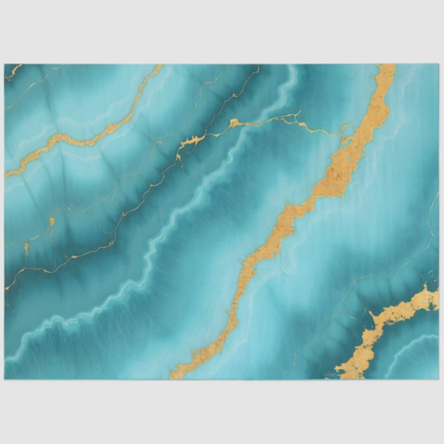 Popular Turquoise Blue Gold Marble Collection Tissue Paper (Front)