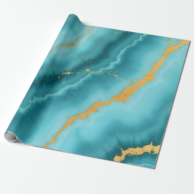 Popular Turquoise Blue Gold Marble Collection Wrapping Paper (Unrolled)
