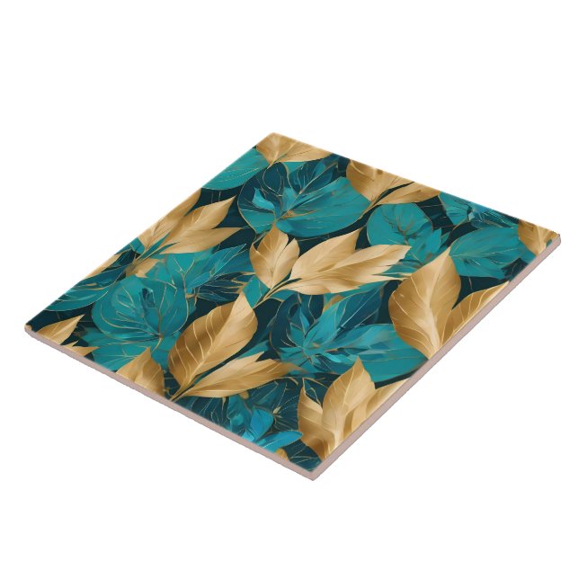 Popular Turquoise Gold Boho Leaves Collection Ceramic Tile (Side)