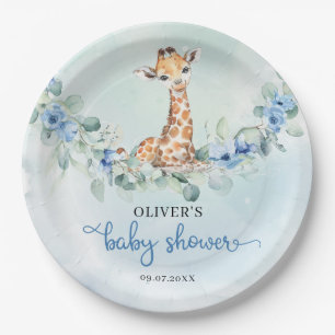Popular watercolor giraffe blue flowers safari paper plates