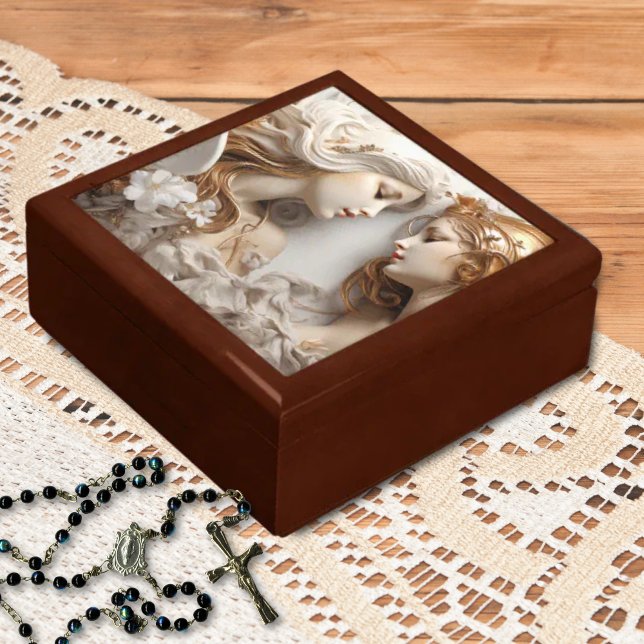 Porcelain Angels - 3D Gold & Pearl  Gift Box (faux 3D Porcelain Angels in white and gold, Religious Italian-Inspired wooden keepsake box)