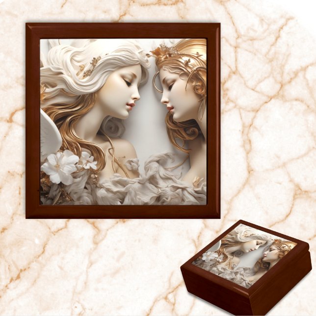 Porcelain Angels - 3D Gold & Pearl  Gift Box (Wooden Keepsake Box with Faux 3D Porcelain and Gold Angels. Beautiful religious gift.)