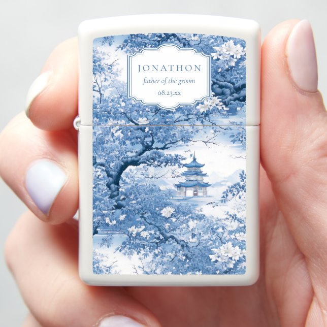 Porcelain Blue Chinoiserie Wedding Party ID1094 Zippo Lighter (In Hand)