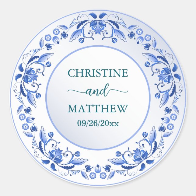 Porcelain Blue Floral Wedding   Classic Round Sticker (Front)