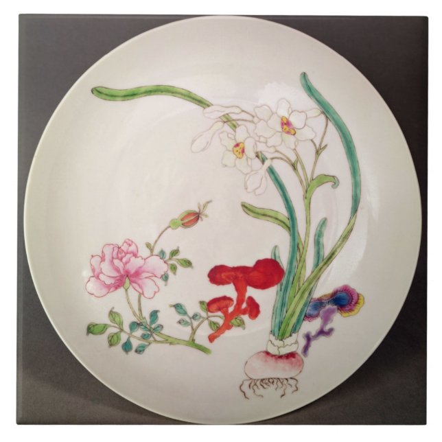 Porcelain dish, famille rose decoration, Yung Chen Ceramic Tile (Front)