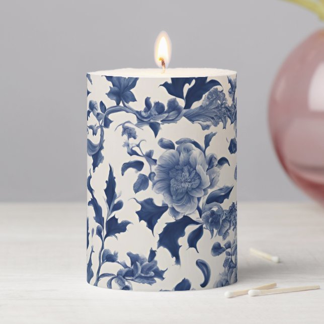 Porcelain Elegance: Blue Floral Pillar Candle (In Situ)