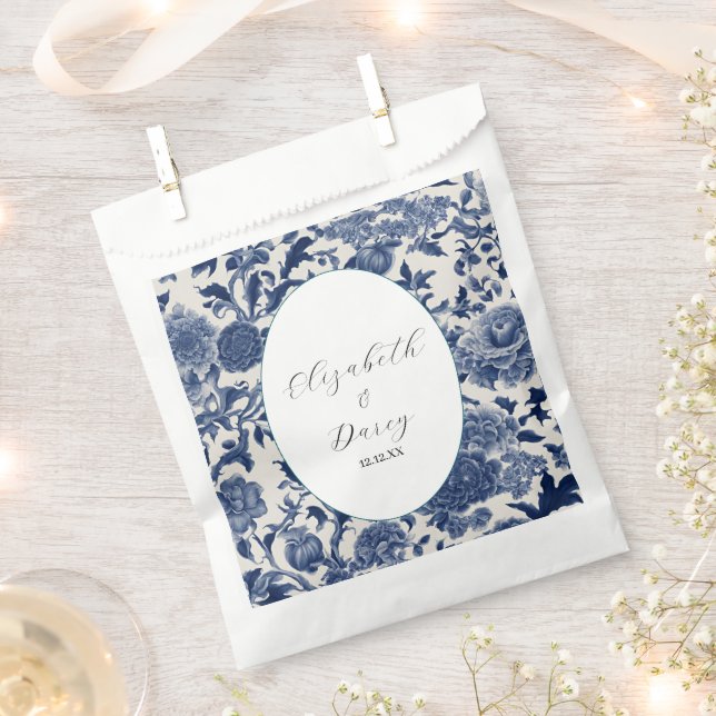 Porcelain Elegance: Blue Floral Wedding Favor Bag (Clipped)