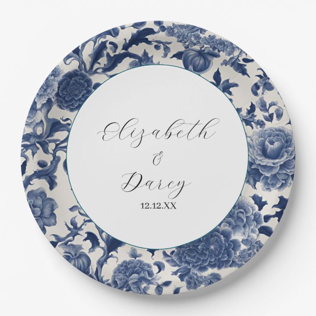 Porcelain Elegance: Blue Floral Wedding Paper Plates (Front)