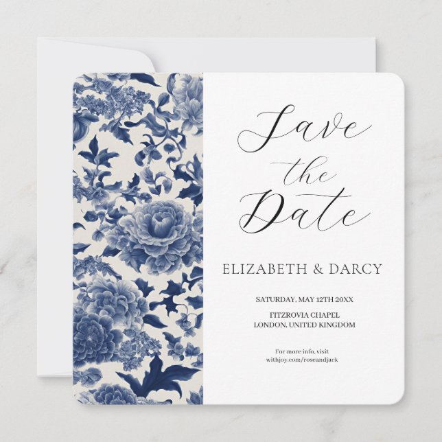 Porcelain Elegance: Blue Floral Wedding Save The Date (Front)