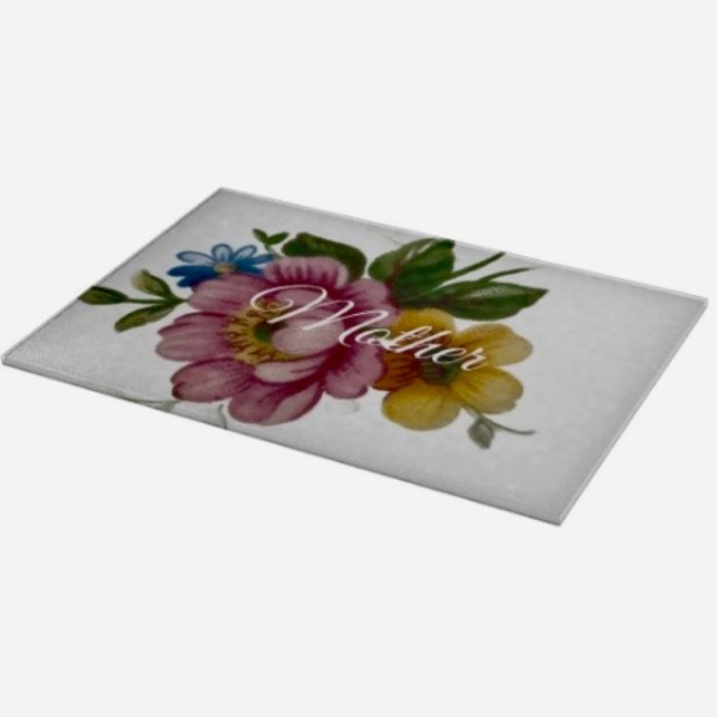 Porcelain Inspired Floral Cutting Board (Glass Cutting Board – 5 different sizes. 100% food safe.  tempered glass Non-skid rubber feet. 
)