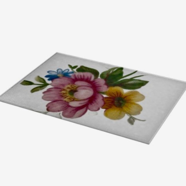 Porcelain Inspired Floral Cutting Board (Glass Cutting Board – 5 different sizes. 100% food safe.  tempered glass Non-skid rubber feet. 
)