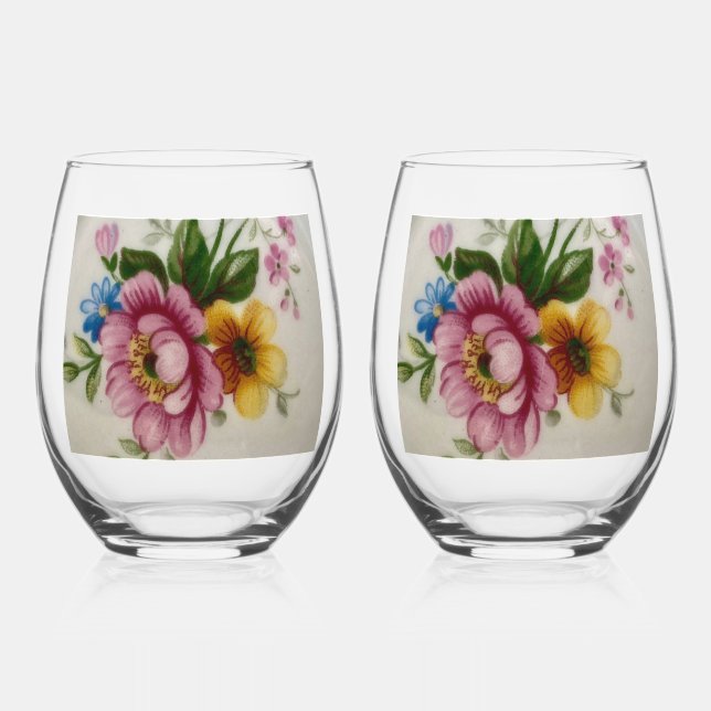 Porcelain Inspired Floral  Stemless Wine Glass (Front)