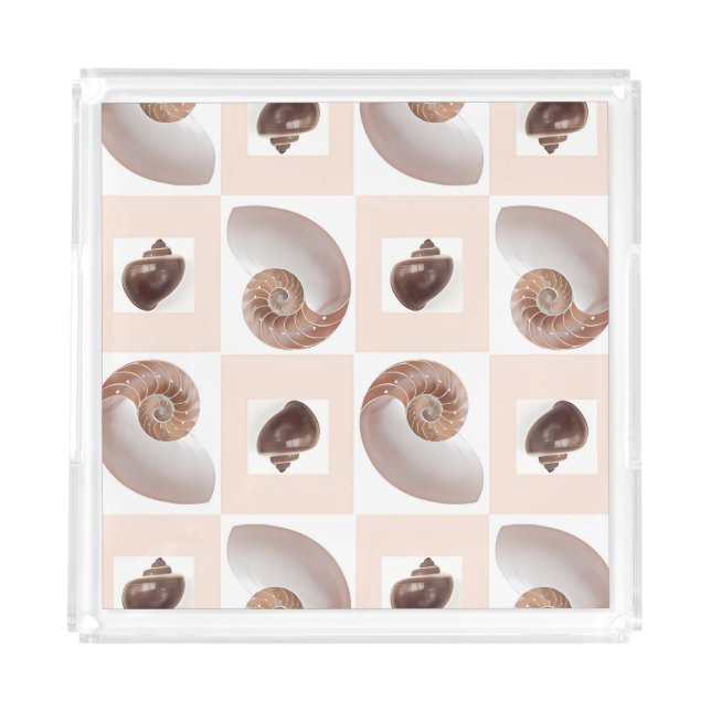 Porcelain Seashell Checkerboard Pattern Peach Acrylic Tray (Front)