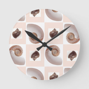 Porcelain Seashell Checkerboard Pattern Peach Round Clock