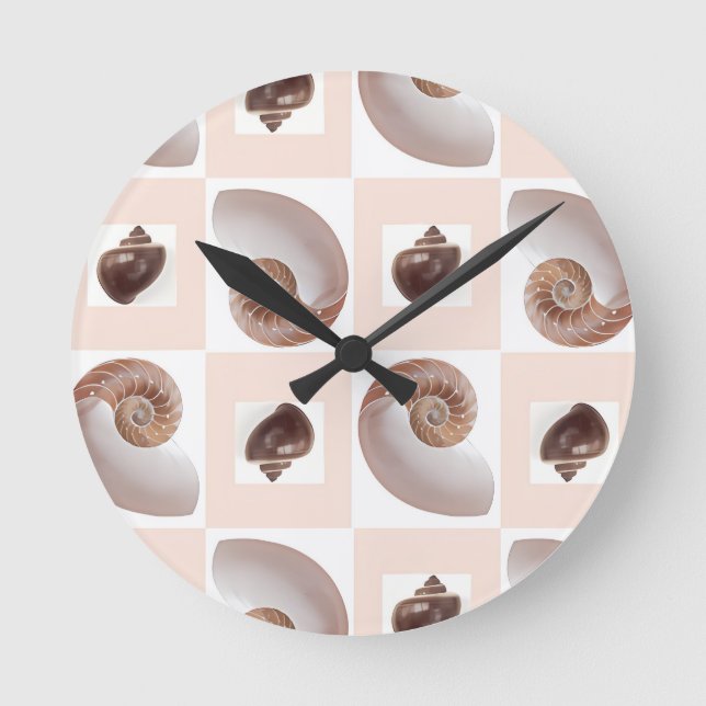 Porcelain Seashell Checkerboard Pattern Peach Round Clock (Front)