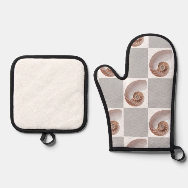 Porcelain Seashell Minimalist Checkerboard Pattern Oven Mitt & Pot Holder Set (Front)