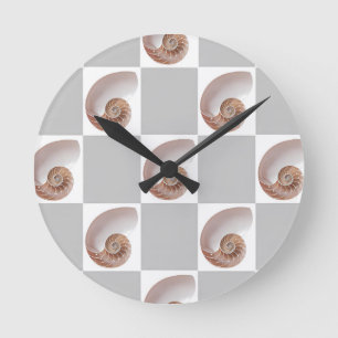 Porcelain Seashell Minimalist Checkerboard Pattern Round Clock