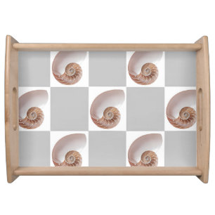 Porcelain Seashell Minimalist Checkerboard Pattern Serving Tray