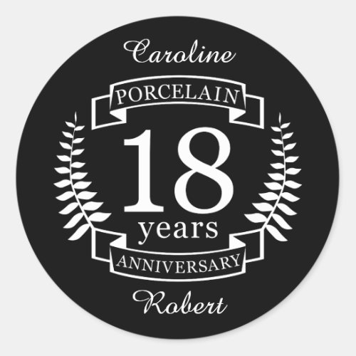 Porcelain traditional wedding anniversary 18 years classic round sticker
