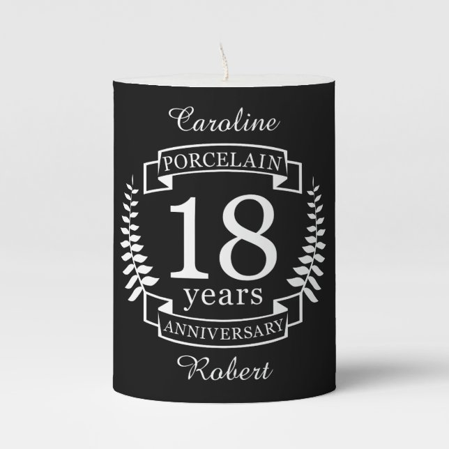 Porcelain traditional wedding anniversary 18 years pillar candle (Front)