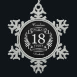 Porcelain traditional wedding anniversary 18 years snowflake pewter christmas ornament<br><div class="desc">A design to celebrate 18 years of marriage. This design has a white (Porcelain) colored laurel design on a black background. Porcelain is the traditional gift for this occasion. The text reads Porcelain 18 years anniversary. A romantic design to celebrate your 18th year of marriage. If you would like any...</div>