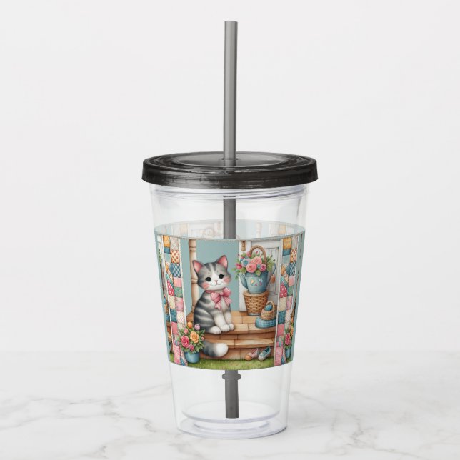 Porch Kitty Floral Patchwork Scene Acrylic Tumbler (Front)