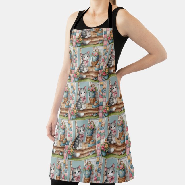 Porch Kitty Floral Patchwork Scene Apron (Insitu)