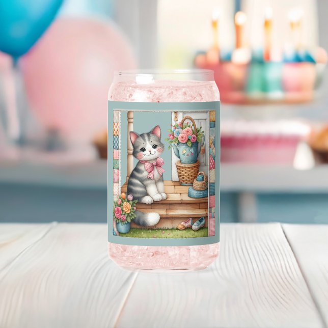 Porch Kitty Floral Patchwork Scene Can Glass (Insitu (Baby Shower))