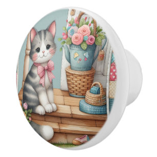 Porch Kitty Floral Patchwork Scene Ceramic Knob