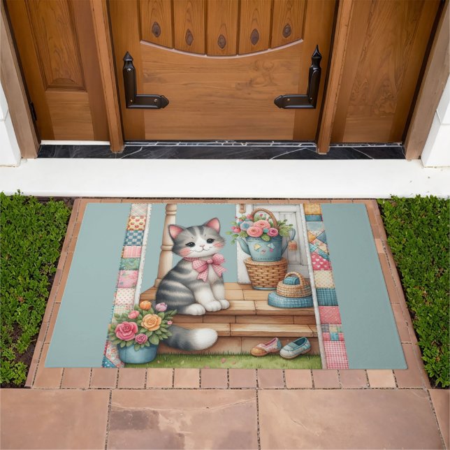 Porch Kitty Floral Patchwork Scene Doormat (Outdoor)