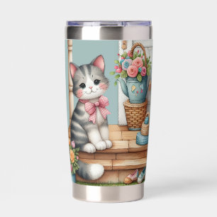 Porch Kitty Floral Patchwork Scene Insulated Tumbler
