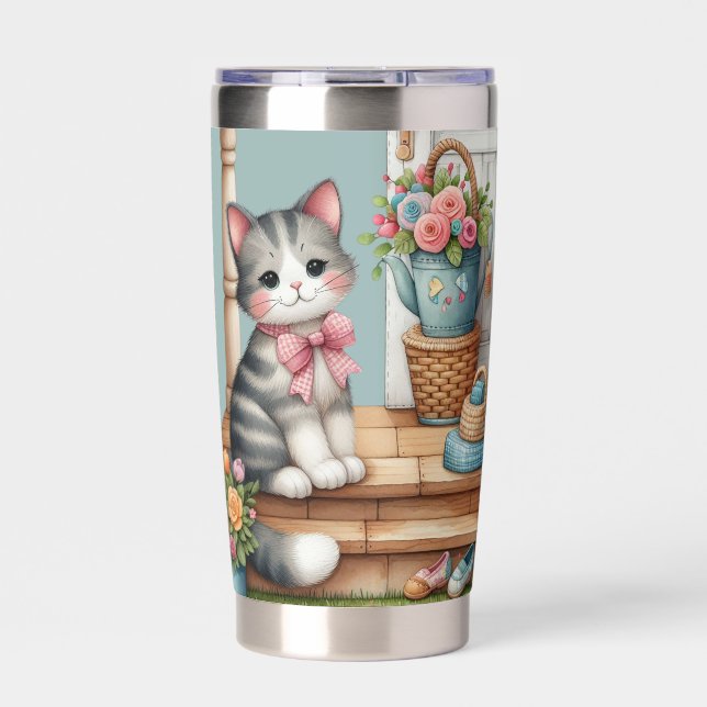 Porch Kitty Floral Patchwork Scene Insulated Tumbler (Front)