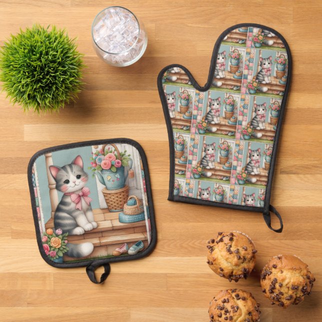 Porch Kitty Floral Patchwork Scene Oven Mitt & Pot Holder Set (Top Down)