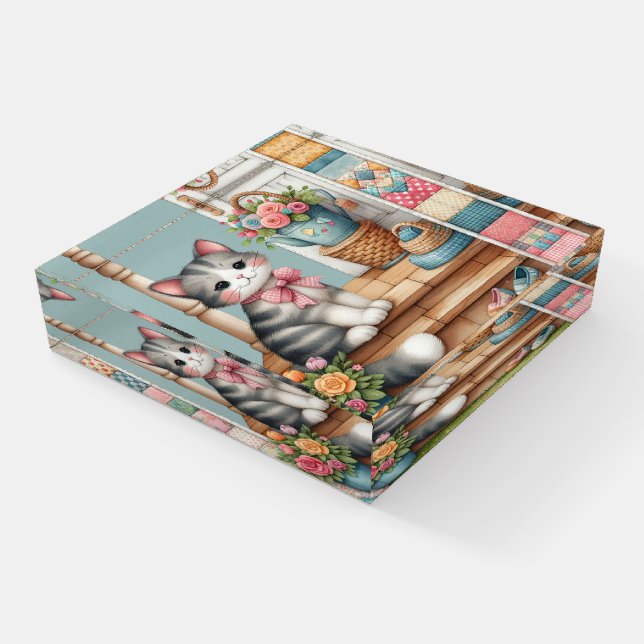 Porch Kitty Floral Patchwork Scene Paperweight (Angled)