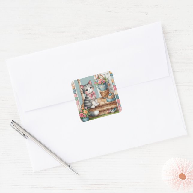 Porch Kitty Floral Patchwork Scene Square Sticker (Envelope)