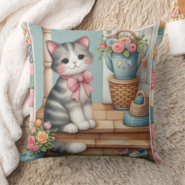 Porch Kitty Floral Patchwork Scene Throw Pillow (Blanket)