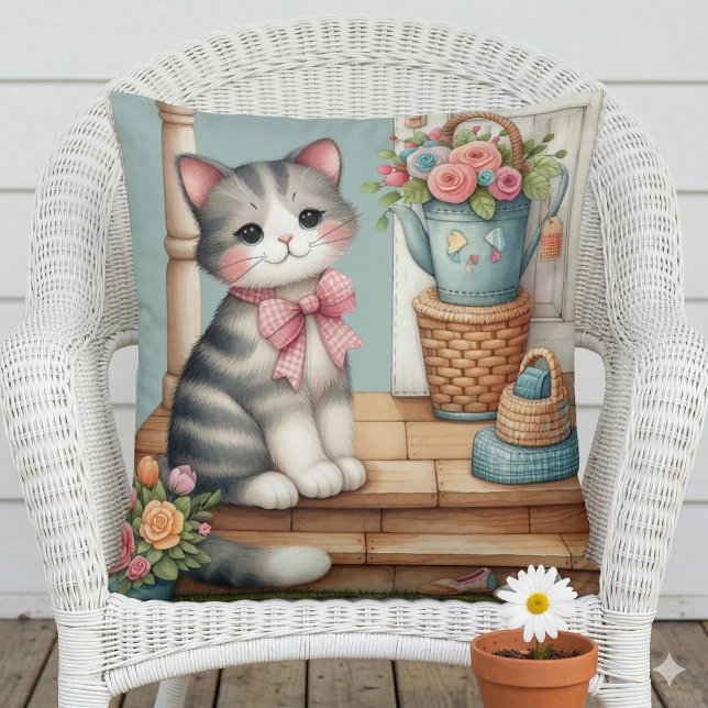 Porch Kitty Floral Patchwork Scene Throw Pillow (Porch Kitty Floral Patchwork Scene Throw Pillow Mockup A)